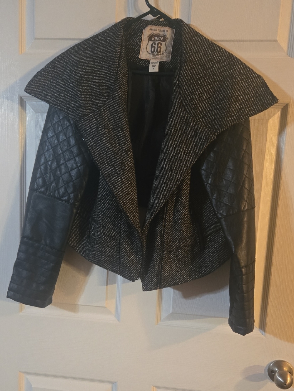Route 66 Black & Gray Quilted-Sleeve Draped Moto Style Jacket XL 90s